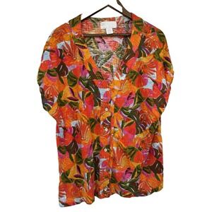 C&C California 2X Tropical Floral Linen V-Neck Button Blouse Vacation Resort
